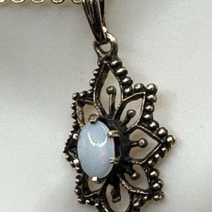 Vintage Silver Charm Necklace | Tiny White Fire Opal Pendant |l 14k gold fill Delicate Chain Necklace | Minimalist Jewelry