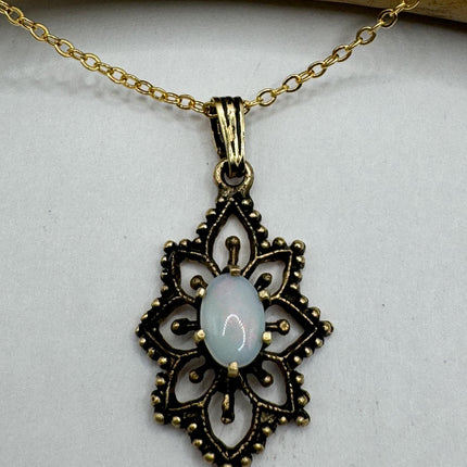 Vintage Silver Charm Necklace | Tiny White Fire Opal Pendant |l 14k gold fill Delicate Chain Necklace | Minimalist Jewelry