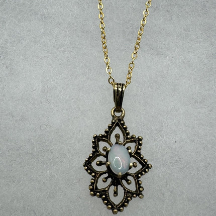 Vintage Silver Charm Necklace | Tiny White Fire Opal Pendant |l 14k gold fill Delicate Chain Necklace | Minimalist Jewelry