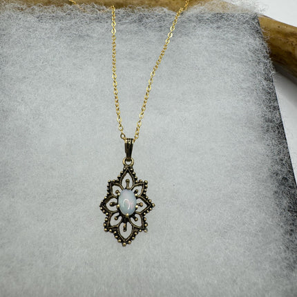 Vintage Silver Charm Necklace | Tiny White Fire Opal Pendant |l 14k gold fill Delicate Chain Necklace | Minimalist Jewelry