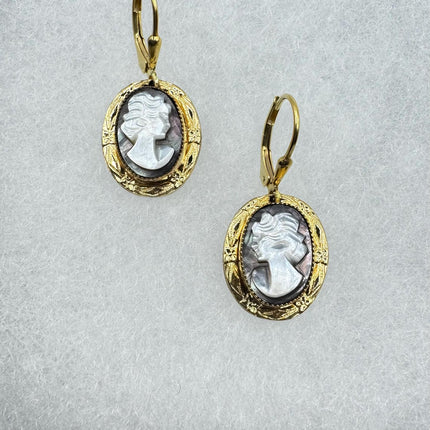 Vintage Cameo Abalone Gold Leverback Earrings 12k GF Tiny Love Delicate Gold Earrings Simple every day minimal
