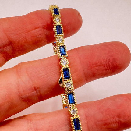 Vintage 925 Sterling Silver Blue Cubic Zirconia Bracelet - Simple Minimalist Stacking Jewelry