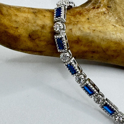 Vintage Blue Sapphire and Cubic Zirconia Crystal Bracelet – 925 Sterling Silver Minimalist Stacking Everyday Jewelry