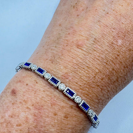 Vintage Blue Sapphire and Cubic Zirconia Crystal Bracelet – 925 Sterling Silver Minimalist Stacking Everyday Jewelry