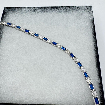 Vintage Blue Sapphire and Cubic Zirconia Crystal Bracelet – 925 Sterling Silver Minimalist Stacking Everyday Jewelry