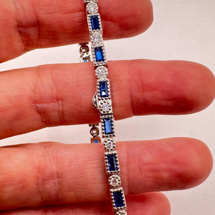 Vintage Blue Sapphire and Cubic Zirconia Crystal Bracelet – 925 Sterling Silver Minimalist Stacking Everyday Jewelry
