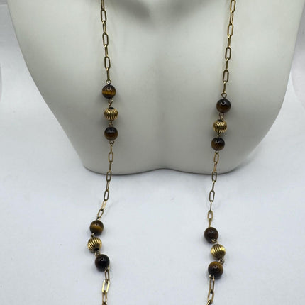 Vintage Tiny Gold Charm Necklace |Tigers Eye Gemstone Dainty Gold Filled Chain Necklace