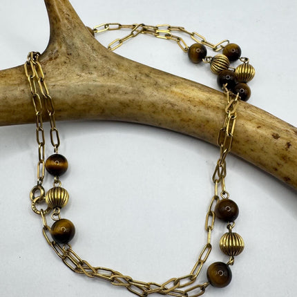 Vintage Tiny Gold Charm Necklace |Tigers Eye Gemstone Dainty Gold Filled Chain Necklace