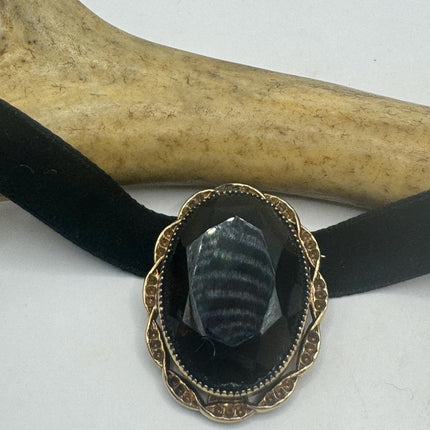 Vintage Deco Smoky Topaz Brooch Pin - Gold Filled with Black Velvet Choker - Simple Everyday Minimal Jewelry