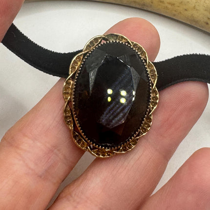 Vintage Deco Smoky Topaz Brooch Pin - Gold Filled with Black Velvet Choker - Simple Everyday Minimal Jewelry