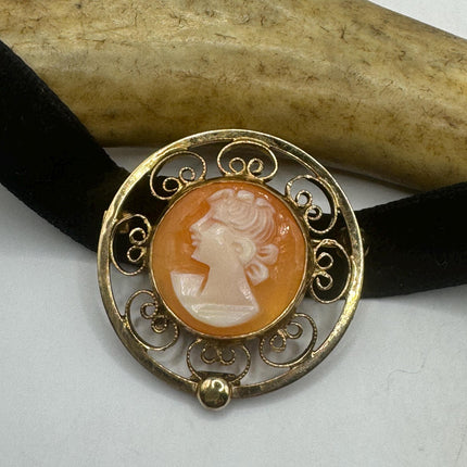 Vintage Deco Carved Cameo Brooch Pin - Gold Filled with Black Velvet Choker - Simple Everyday Minimal Jewelry
