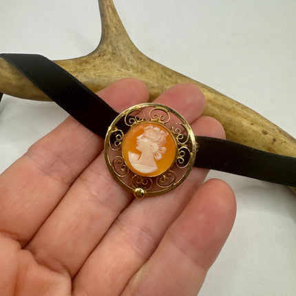 Vintage Deco Carved Cameo Brooch Pin - Gold Filled with Black Velvet Choker - Simple Everyday Minimal Jewelry