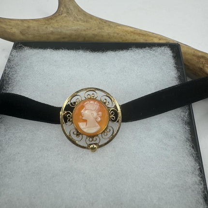 Vintage Deco Carved Cameo Brooch Pin - Gold Filled with Black Velvet Choker - Simple Everyday Minimal Jewelry