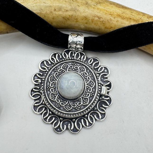 Vintage Poison Pillbox Velvet Choker Photo Locket - Silver Rainbow Moonstone White Bronze, Antique Design Necklace