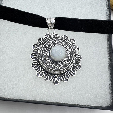 Vintage Poison Pillbox Velvet Choker Photo Locket - Silver Rainbow Moonstone White Bronze, Antique Design Necklace