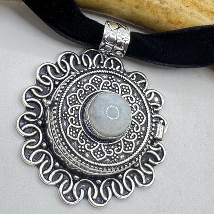 Vintage Poison Pillbox Velvet Choker Photo Locket - Silver Rainbow Moonstone White Bronze, Antique Design Necklace