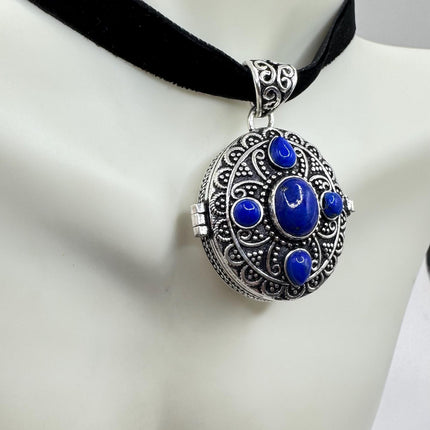 Vintage Pendant Ribbon Choker | Poison Pillbox Blue Lapis Lazuli Gemstone Crystal | Silver Bronze Pendant Velvet Choker Necklace
