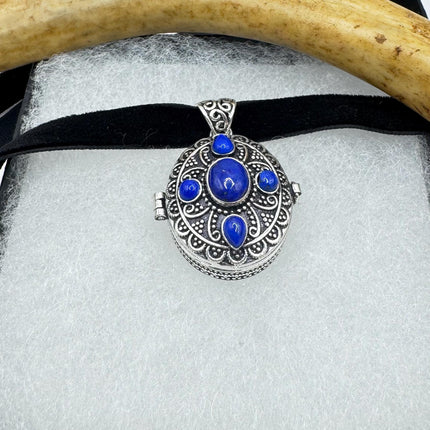 Vintage Pendant Ribbon Choker | Poison Pillbox Blue Lapis Lazuli Gemstone Crystal | Silver Bronze Pendant Velvet Choker Necklace