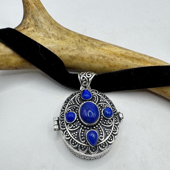 Vintage Pendant Ribbon Choker | Poison Pillbox Blue Lapis Lazuli Gemstone Crystal | Silver Bronze Pendant Velvet Choker Necklace