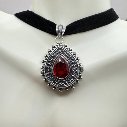 Vintage Poison Pillbox Velvet Choker Photo Locket - Silver, White Bronze, Red Ruby Glass Antique Design Necklace