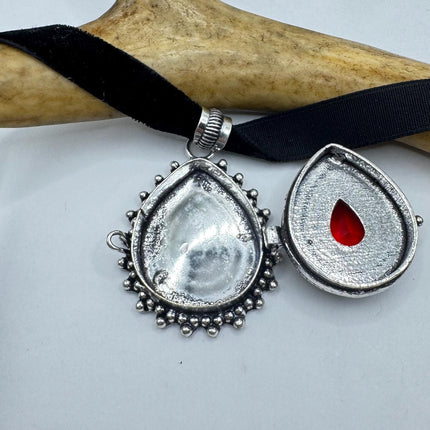 Vintage Poison Pillbox Velvet Choker Photo Locket - Silver, White Bronze, Red Ruby Glass Antique Design Necklace