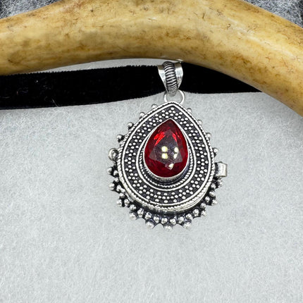 Vintage Poison Pillbox Velvet Choker Photo Locket - Silver, White Bronze, Red Ruby Glass Antique Design Necklace