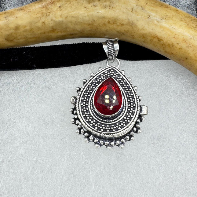 Vintage Poison Pillbox Velvet Choker Photo Locket - Silver, White Bronze, Red Ruby Glass Antique Design Necklace
