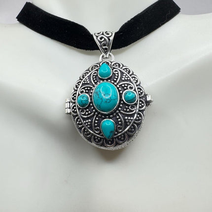 Vintage Pendant Ribbon Choker Poison Pillbox Blue Turquoise Howlite Crystal
