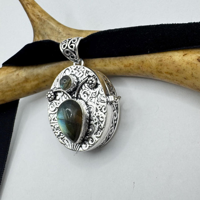 Vintage silver bronze laboratory, poison pill box locket necklace Black velvet choker