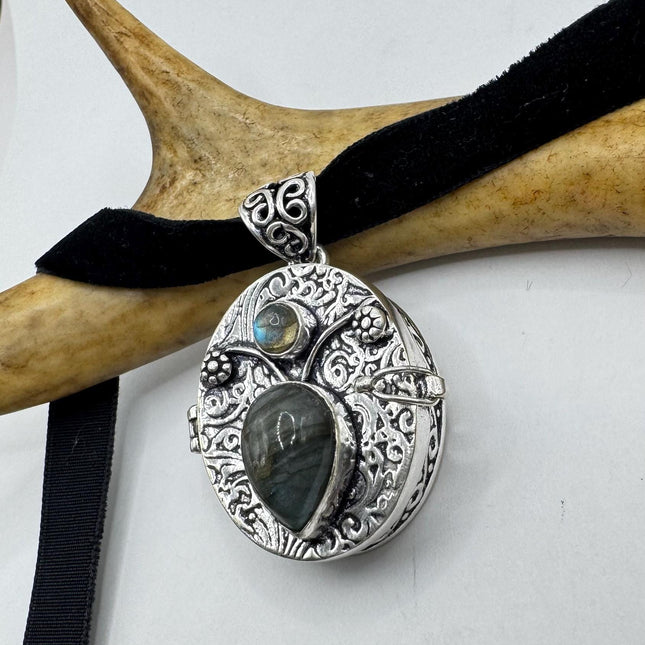 Vintage silver bronze laboratory, poison pill box locket necklace Black velvet choker