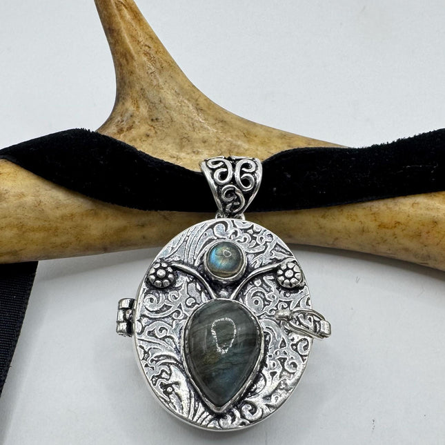 Vintage silver bronze laboratory, poison pill box locket necklace Black velvet choker