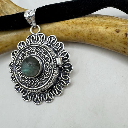 Vintage silver bronze Labradorite poison pill box locket necklace Black velvet choker