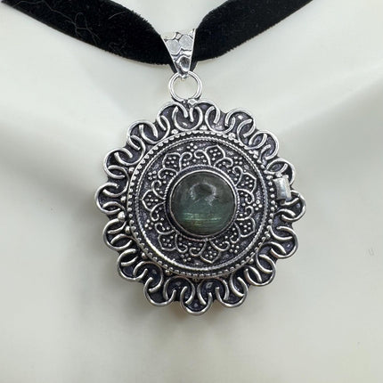 Vintage silver bronze Labradorite poison pill box locket necklace Black velvet choker