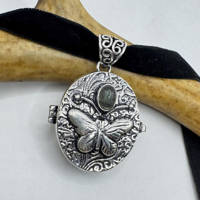 Vintage silver bronze labradorite poison pill box locket necklace Black velvet choker