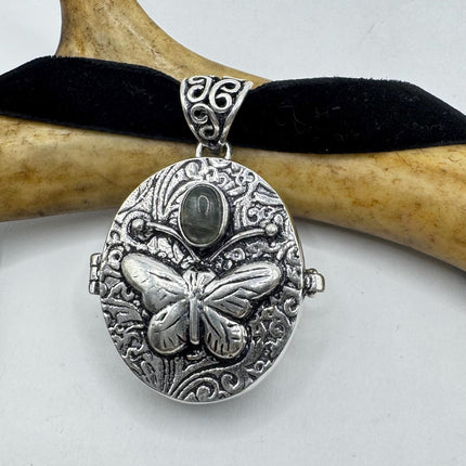 Vintage silver bronze labradorite poison pill box locket necklace Black velvet choker