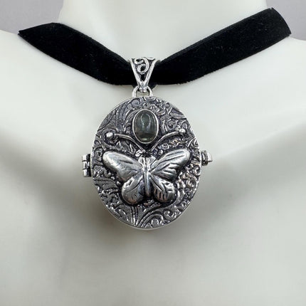 Vintage silver bronze labradorite poison pill box locket necklace Black velvet choker