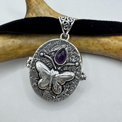 Vintage butterfly silver bronze Purple Amethyst poison pill box locket necklace Black velvet choker