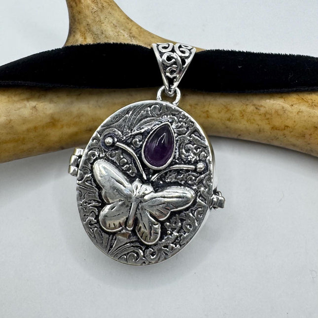 Vintage butterfly silver bronze Purple Amethyst poison pill box locket necklace Black velvet choker