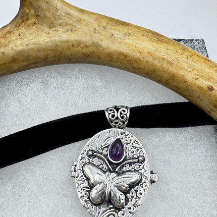 Vintage butterfly silver bronze Purple Amethyst poison pill box locket necklace Black velvet choker