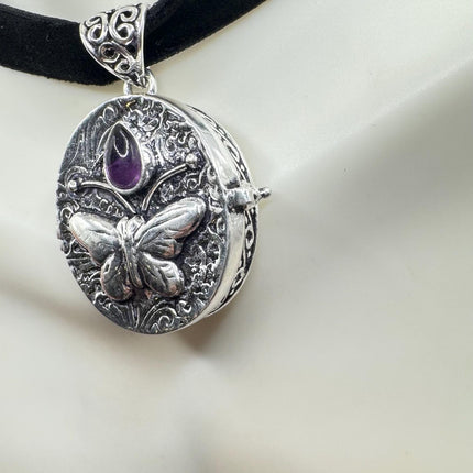 Vintage butterfly silver bronze Purple Amethyst poison pill box locket necklace Black velvet choker