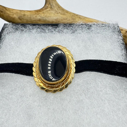 Vintage Lucky Black Onyx Brooch Pin - Gold Filled - Black Velvet Choker - Small and Simple