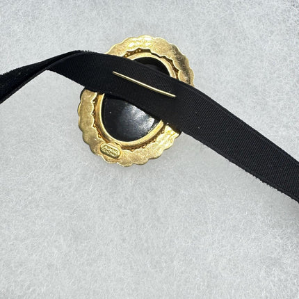 Vintage Lucky Black Onyx Brooch Pin - Gold Filled - Black Velvet Choker - Small and Simple