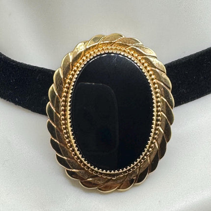Vintage Lucky Black Onyx Brooch Pin - Gold Filled - Black Velvet Choker - Small and Simple