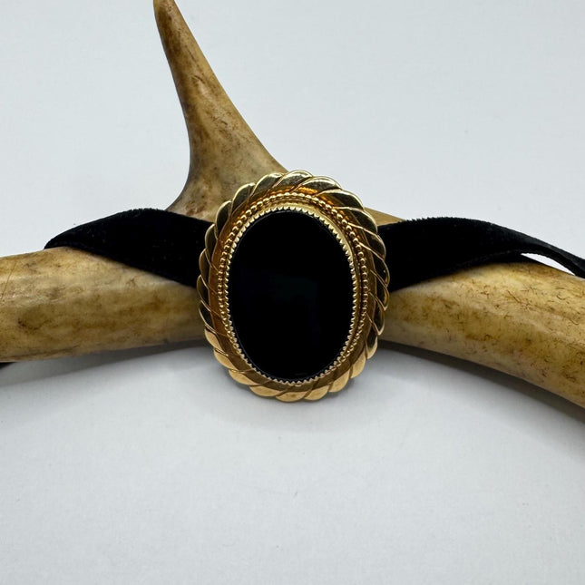 Vintage Lucky Black Onyx Brooch Pin - Gold Filled - Black Velvet Choker - Small and Simple