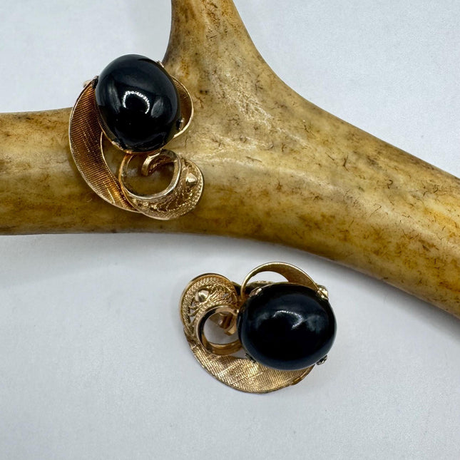 Vintage Black Onyx Gold Screw Back Clip-On Earrings 12k GF Delicate Gold Clip On Earrings