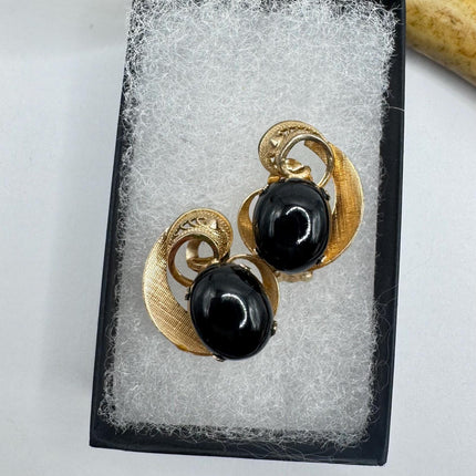 Vintage Black Onyx Gold Screw Back Clip-On Earrings 12k GF Delicate Gold Clip On Earrings