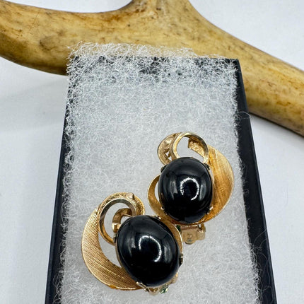 Vintage Black Onyx Gold Screw Back Clip-On Earrings 12k GF Delicate Gold Clip On Earrings