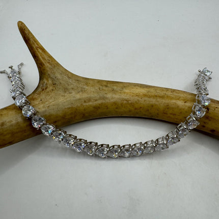 Vintage Silver Tennis Bracelet | Cubic Zirconia Crystal Diamond Gemstone Hearts | 925 Sterling Silver Dainty Stackable Tennis Bracelet