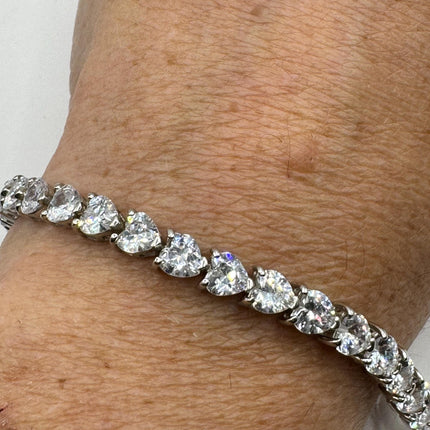 Vintage Silver Tennis Bracelet | Cubic Zirconia Crystal Diamond Gemstone Hearts | 925 Sterling Silver Dainty Stackable Tennis Bracelet