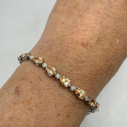 Vintage Tennis Bracelet | Simple Everyday Champagne Cubic Zirconia Crystal Gemstone | 925 Sterling Silver Stackable Minimal Bracelet